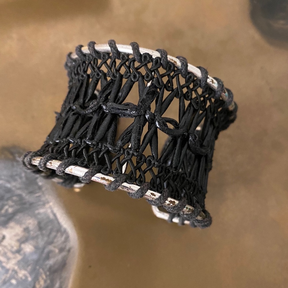 Braided Black Leather Cuff Bracelet BOHO Macrame